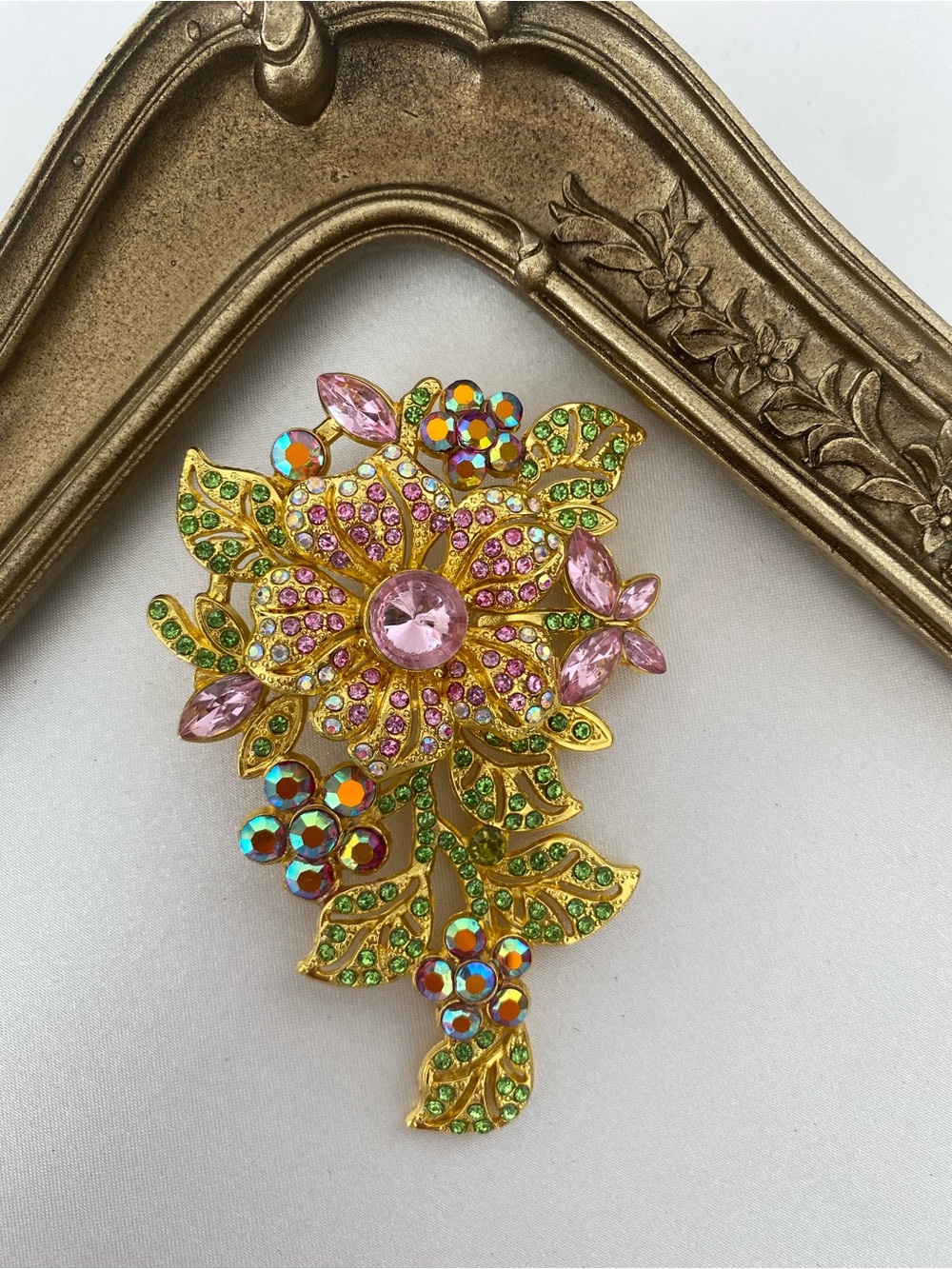 Vintage Style Flower Bouquet Brooch Pink Green Crystal Rhinestone Statement Pin
